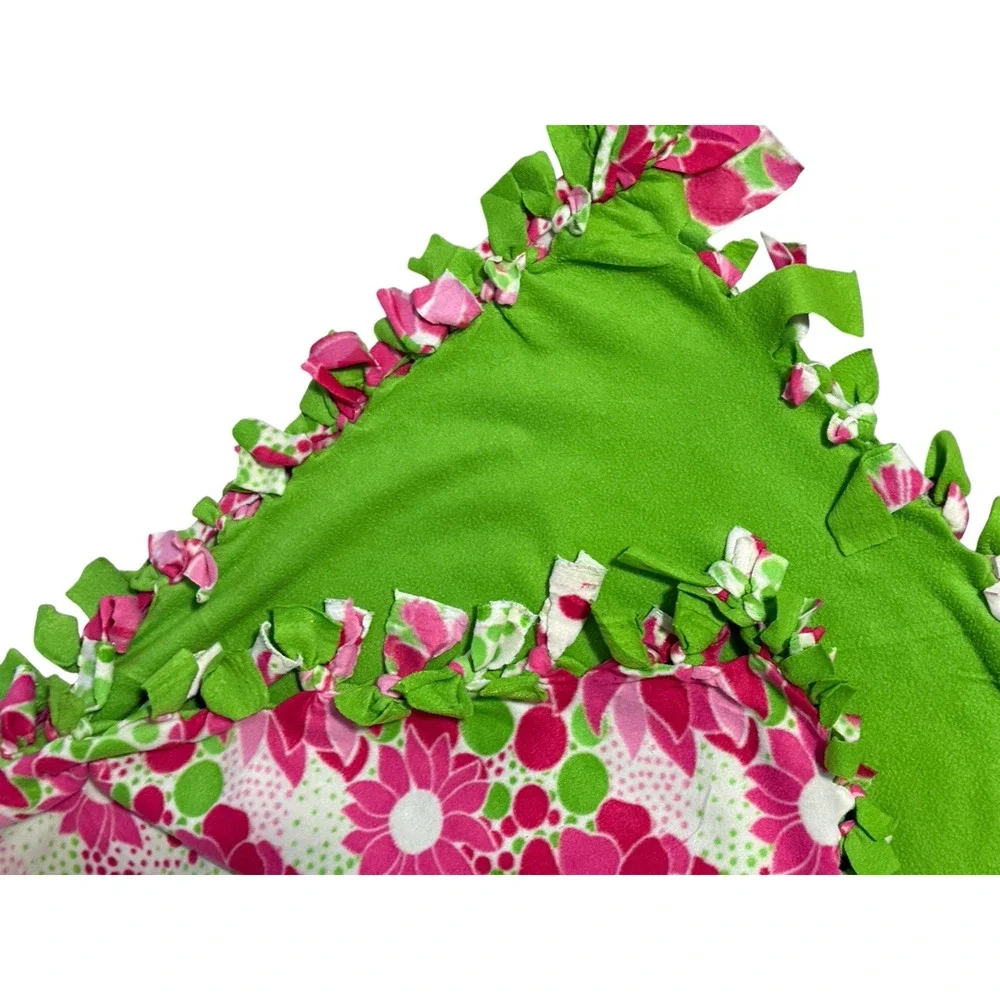 Handmade No-Sew Fleece Throw Blanket Pink Green Flower Print Lilly Style Soft